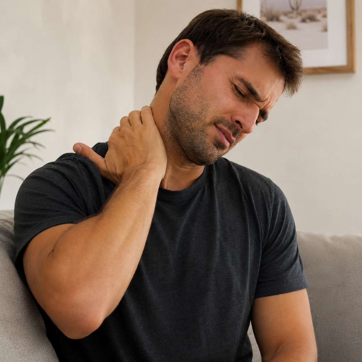Antes: Tensión y fatiga muscular acumulada en el cuello y hombros